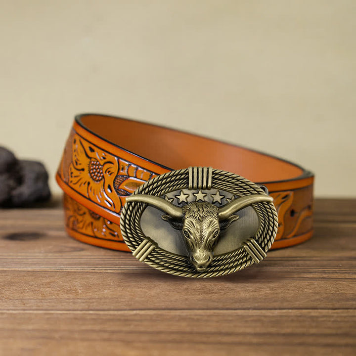 Men's DIY Retro Five Stars Bull Head Buckle Leather Belt