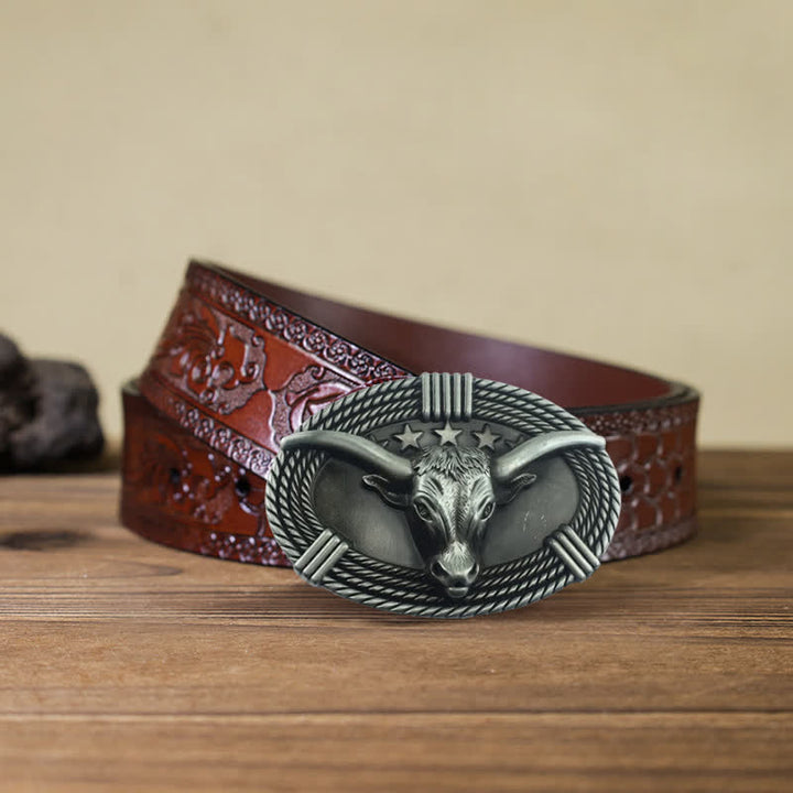 Men's DIY Retro Five Stars Bull Head Buckle Leather Belt