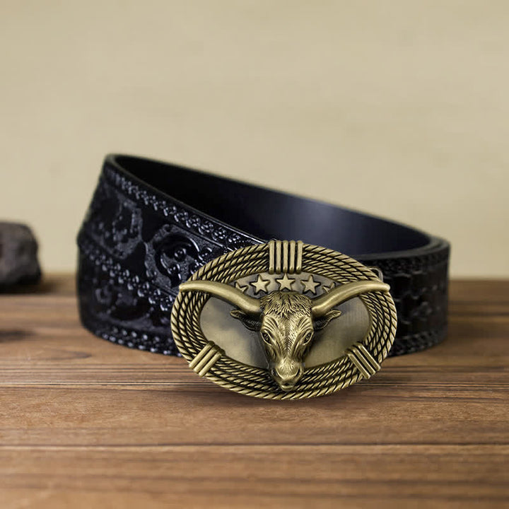 Men's DIY Retro Five Stars Bull Head Buckle Leather Belt