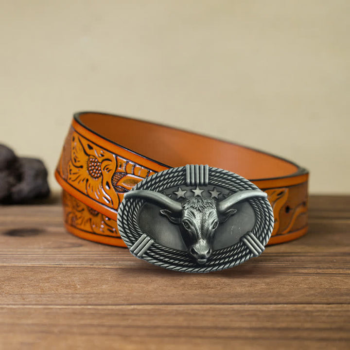 Men's DIY Retro Five Stars Bull Head Buckle Leather Belt