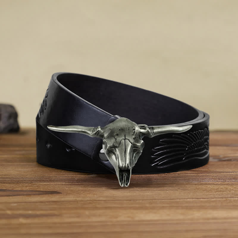 Men's DIY Cool Western Longhorn Bull Buckle Leather Belt