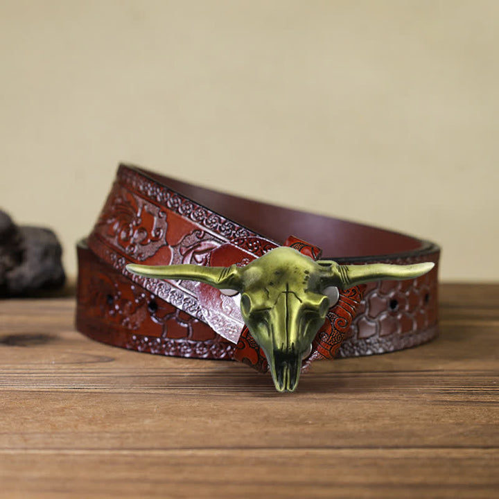 Men's DIY Cool Western Longhorn Bull Buckle Leather Belt