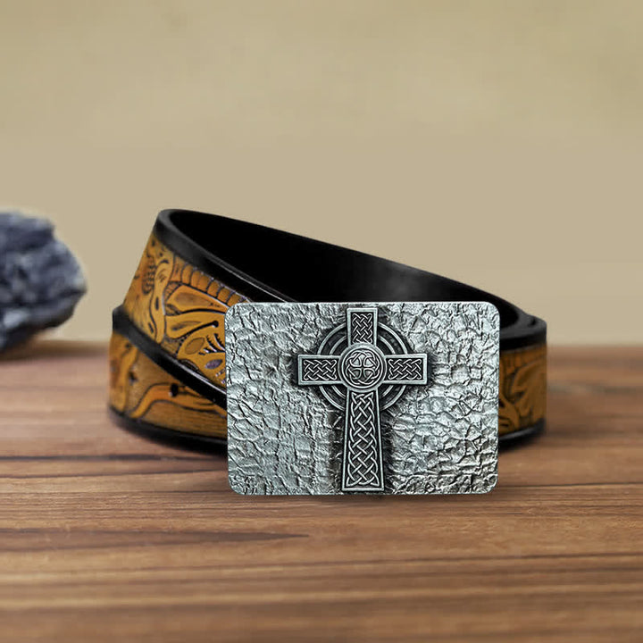 Men's DIY Medievel Style Celtic Cross Buckle Leather Belt