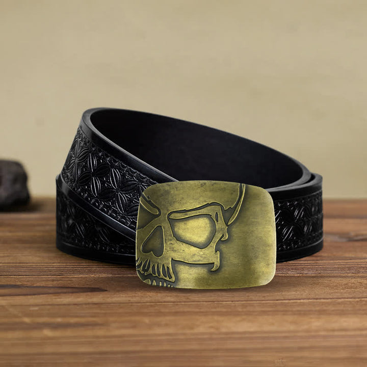 Men's DIY Bronze Embossed Skull Buckle Leather Belt