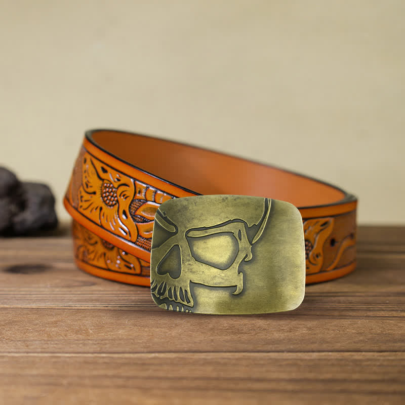 Men's DIY Bronze Embossed Skull Buckle Leather Belt