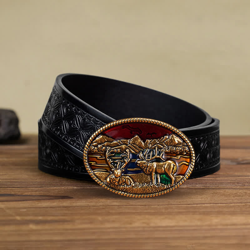 Men's DIY Enamel Wild Deer Buckle Leather Belt