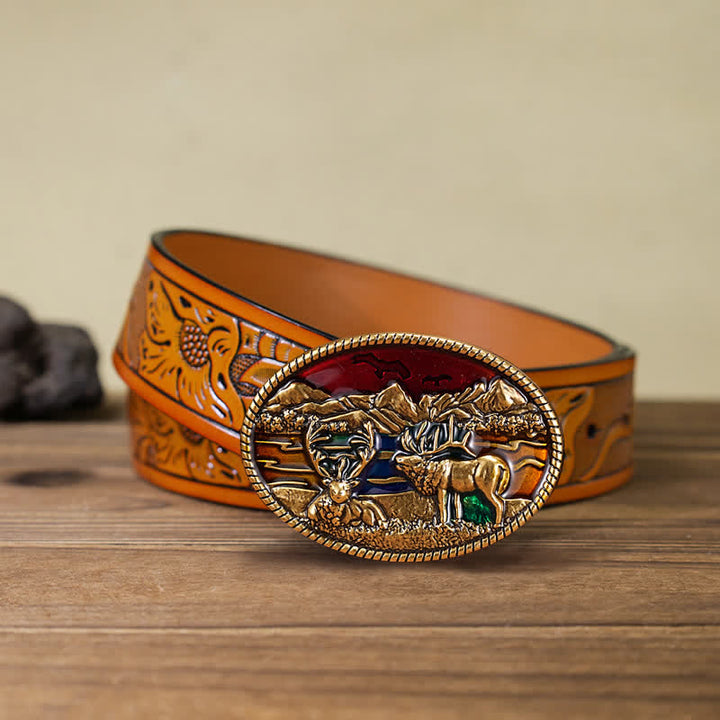 Men's DIY Enamel Wild Deer Buckle Leather Belt