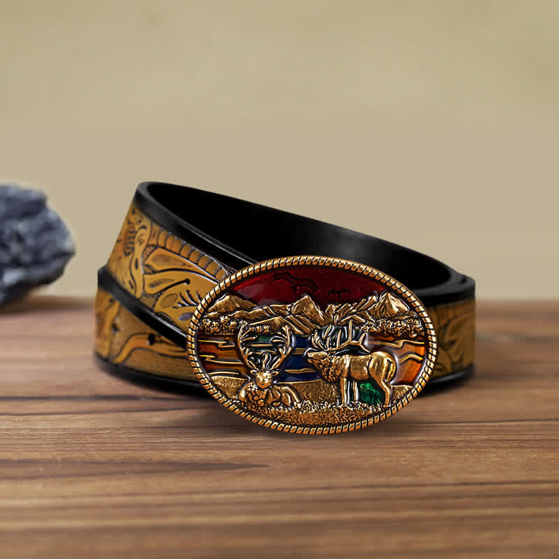 Men's DIY Enamel Wild Deer Buckle Leather Belt