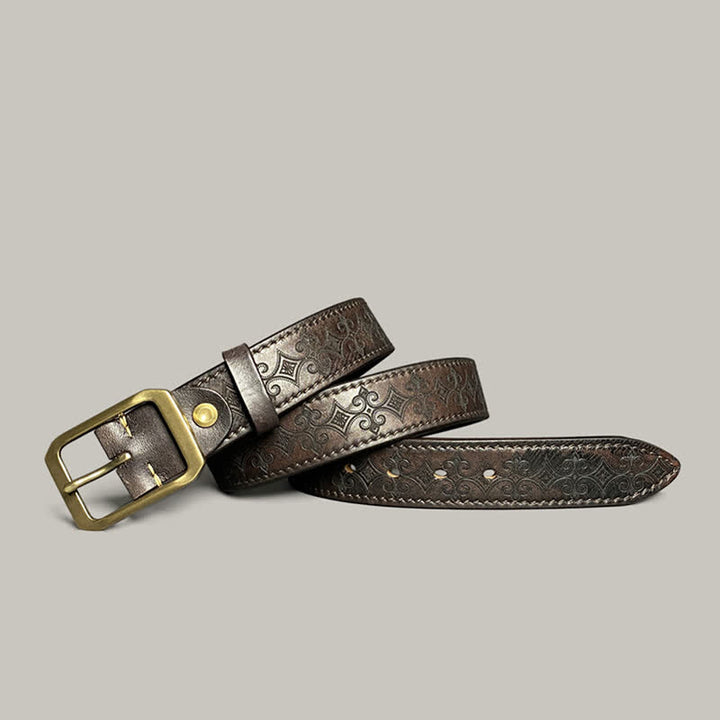 Stamped Carving Strap Brass Buckle Leather Belt