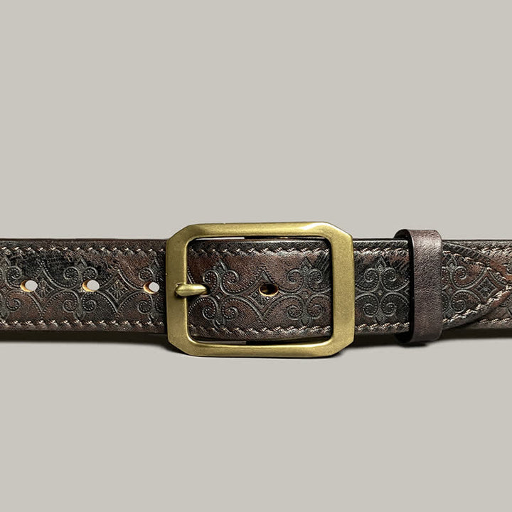 Stamped Carving Strap Brass Buckle Leather Belt