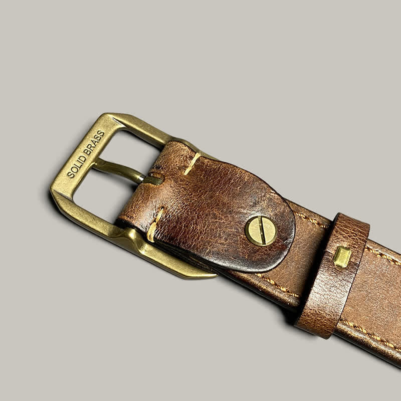 Stamped Carving Strap Brass Buckle Leather Belt