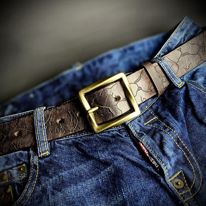 Distressed Cracked Embossed Pattern Strap Leather Belt