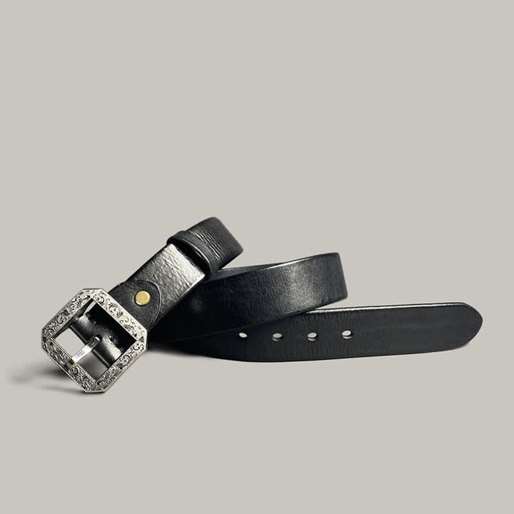 Square Floral Engraved Buckle Pants Leather Belt