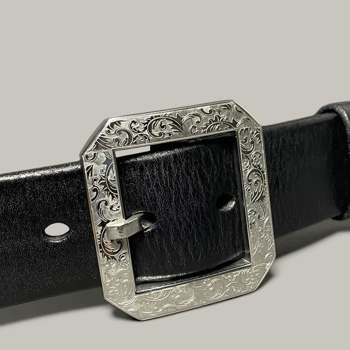 Square Floral Engraved Buckle Pants Leather Belt