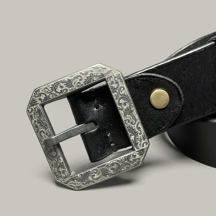 Square Floral Engraved Buckle Pants Leather Belt