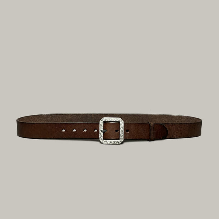 Square Floral Engraved Buckle Pants Leather Belt