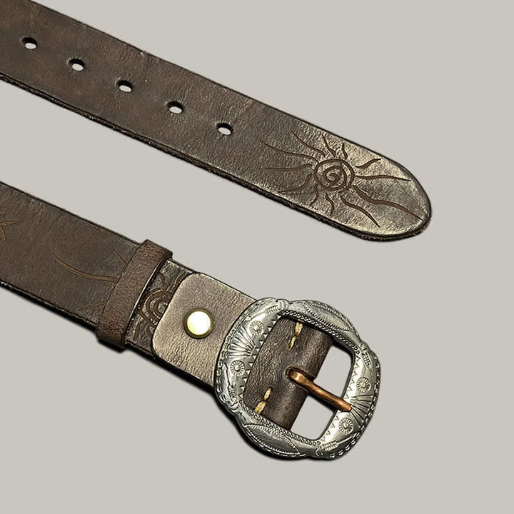 Retro Embossed Sun Pattern Silver Buckle Leather Belt