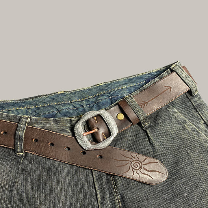 Retro Embossed Sun Pattern Silver Buckle Leather Belt