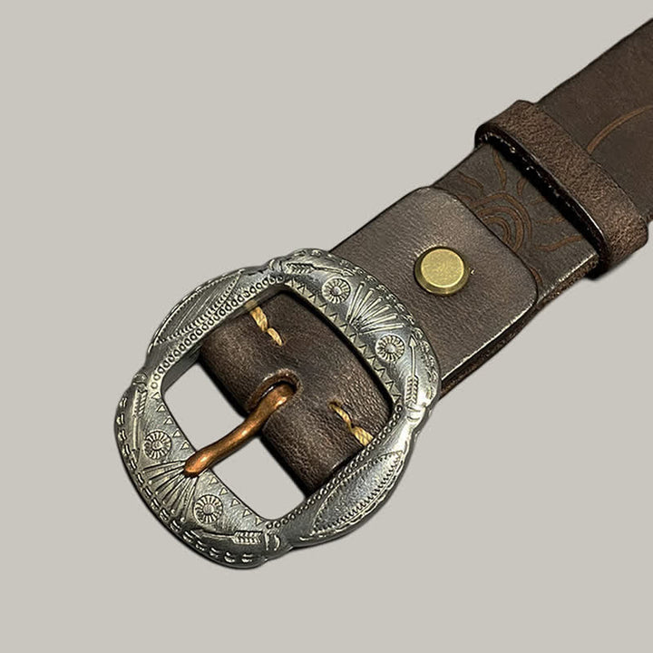 Retro Embossed Sun Pattern Silver Buckle Leather Belt