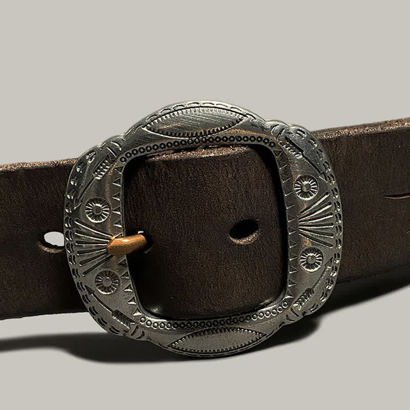 Retro Embossed Sun Pattern Silver Buckle Leather Belt