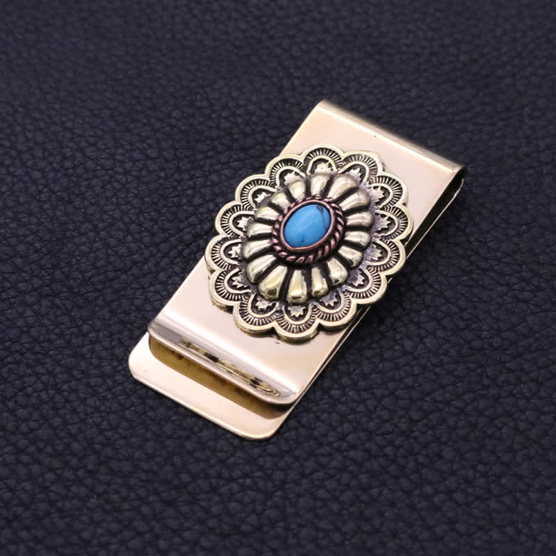 Faux Turquoise Flower Soild Brass Money Clip - Faux Turquoise - image 0