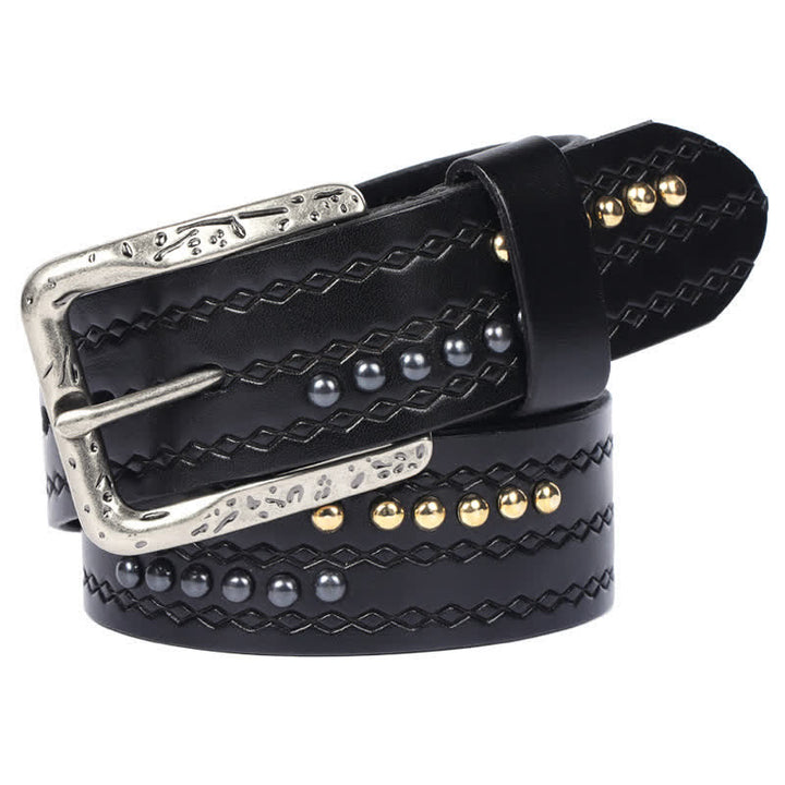 Round Rivet Fancy Stitch Embossed Pattern Leather Belt