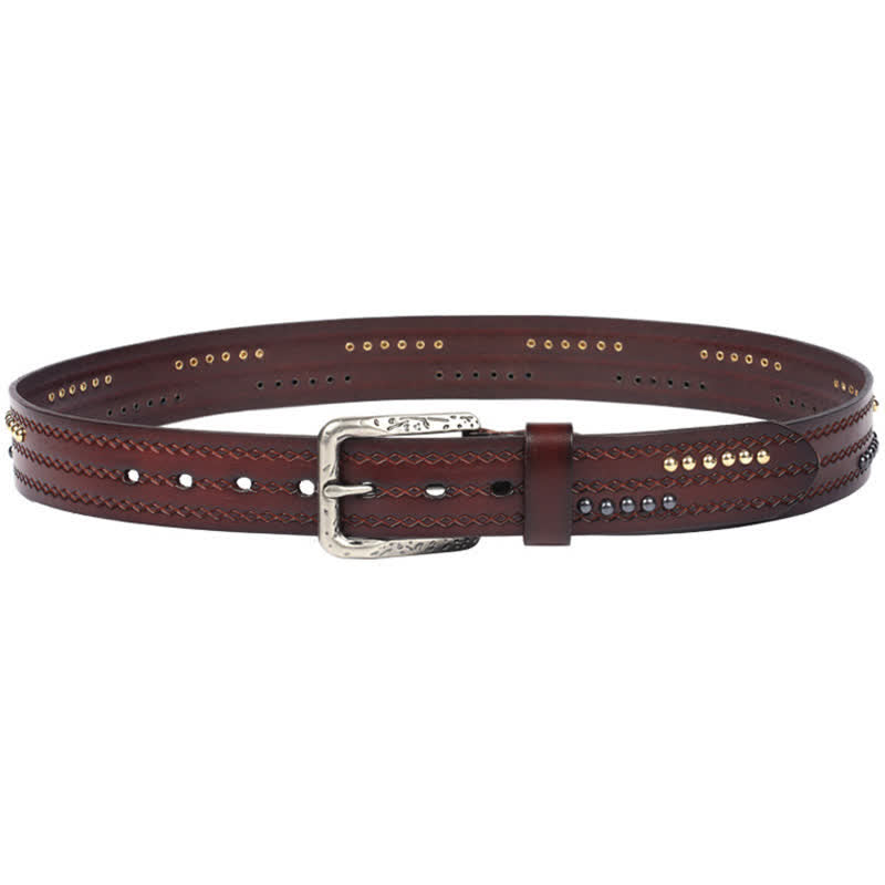 Round Rivet Fancy Stitch Embossed Pattern Leather Belt