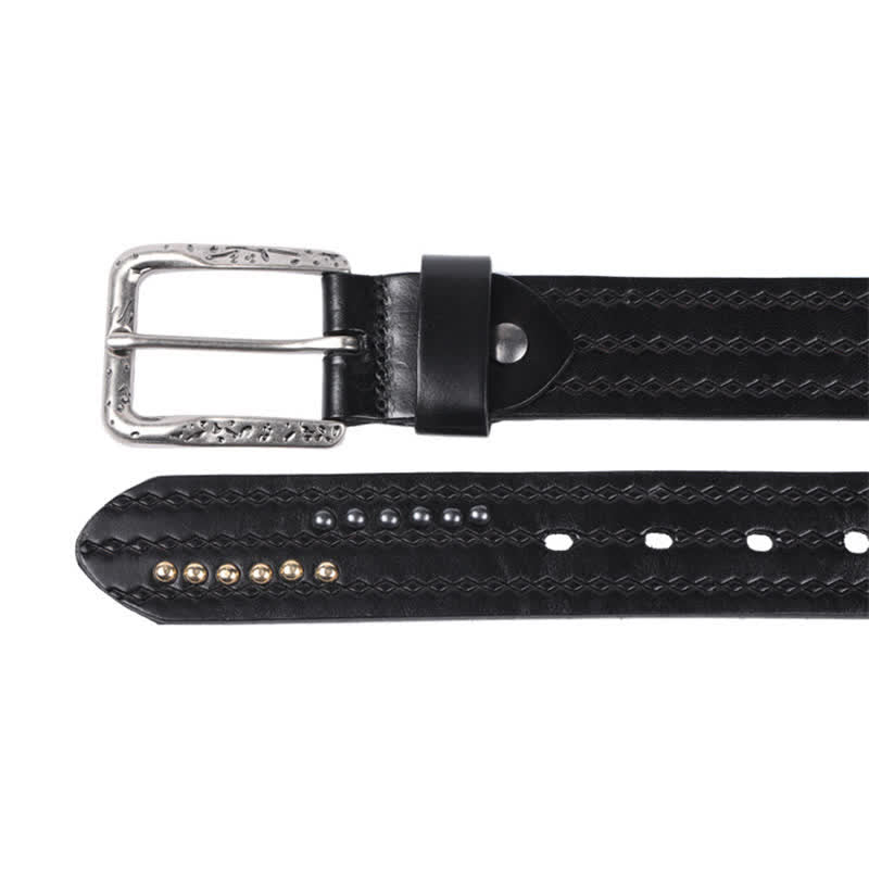 Round Rivet Fancy Stitch Embossed Pattern Leather Belt