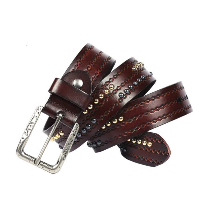 Round Rivet Fancy Stitch Embossed Pattern Leather Belt