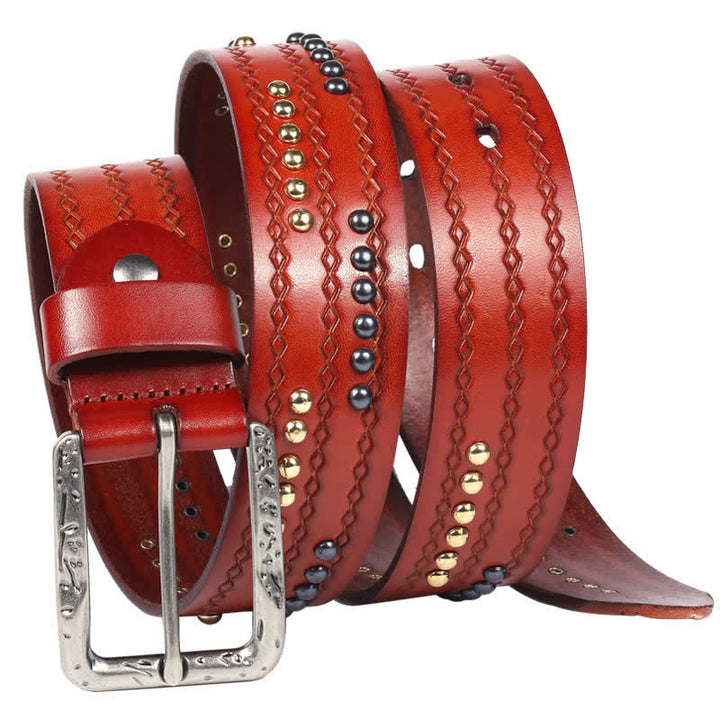 Round Rivet Fancy Stitch Embossed Pattern Leather Belt