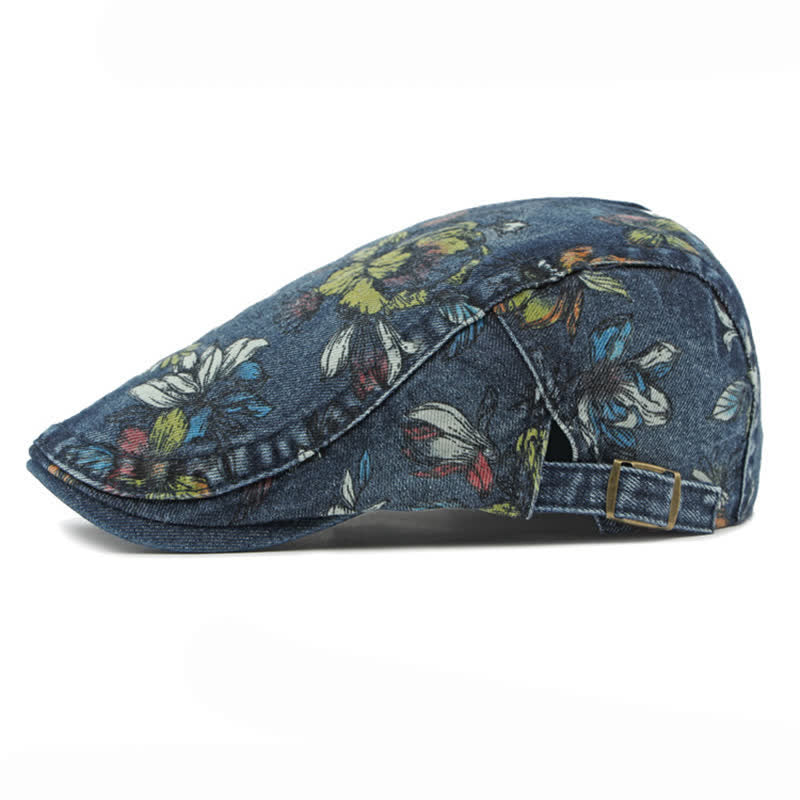 Fashion Floral Printed Denim Flat Beret Hat