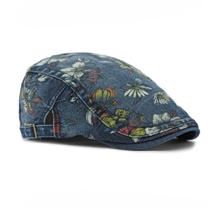 Fashion Floral Printed Denim Flat Beret Hat