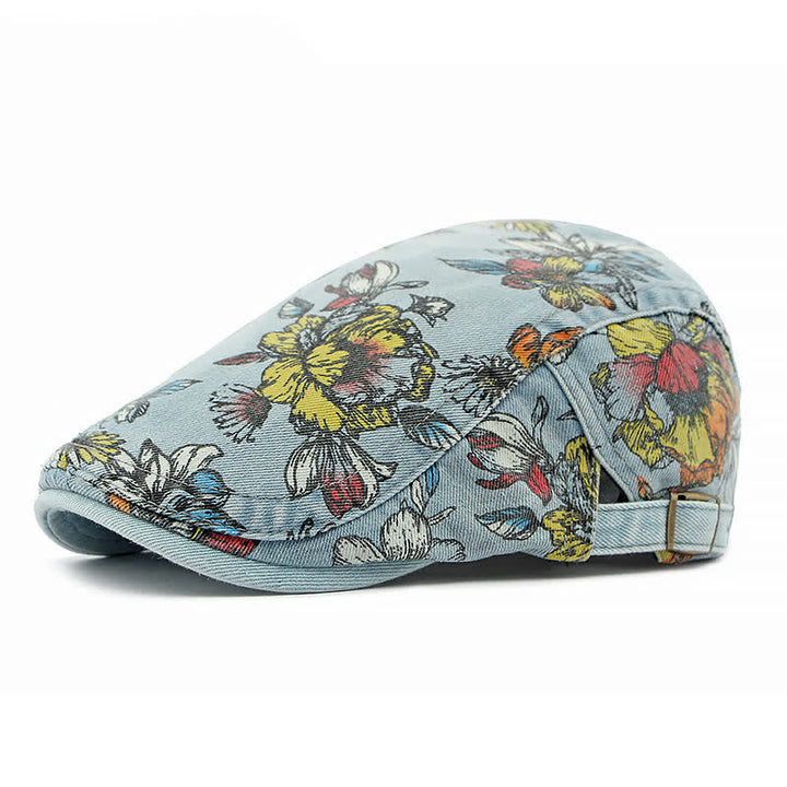 Fashion Floral Printed Denim Flat Beret Hat