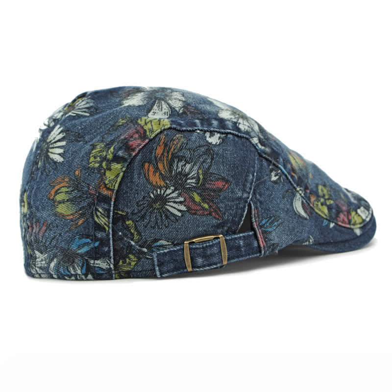 Fashion Floral Printed Denim Flat Beret Hat