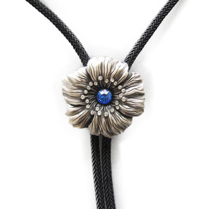 Blue Faux Crystal Rhinestone Flower Shape Bolo Tie