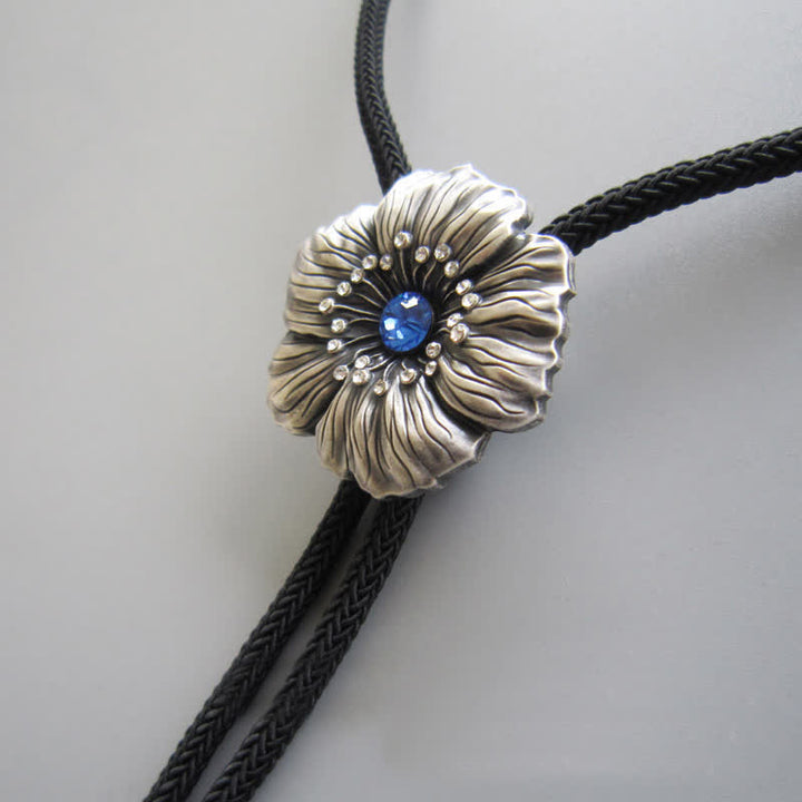 Blue Faux Crystal Rhinestone Flower Shape Bolo Tie