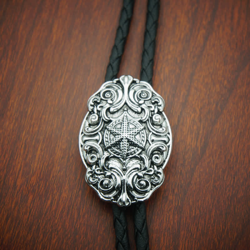 Western Texas Silver Star Carving Bolo Tie