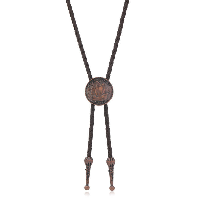 Three Sailboats Ancient Coin Leather Bolo Tie