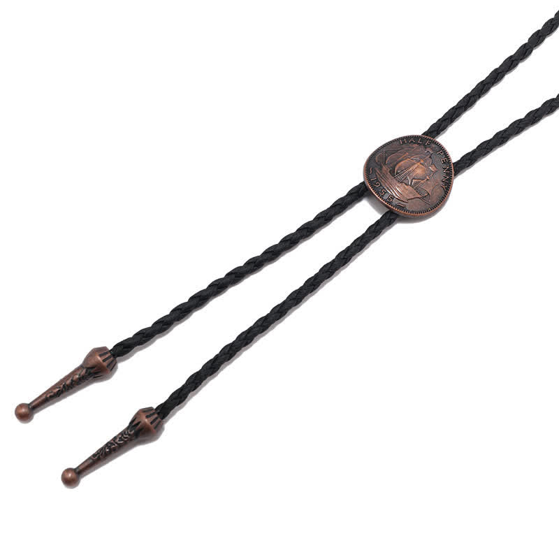 Three Sailboats Ancient Coin Leather Bolo Tie