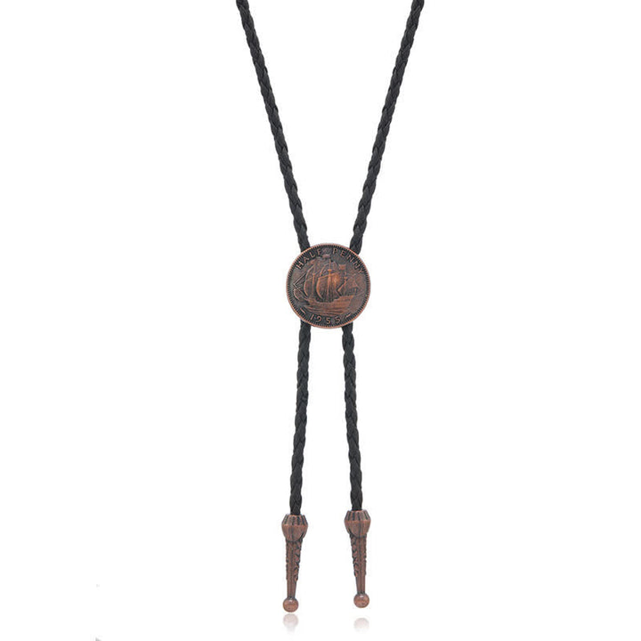 Three Sailboats Ancient Coin Leather Bolo Tie