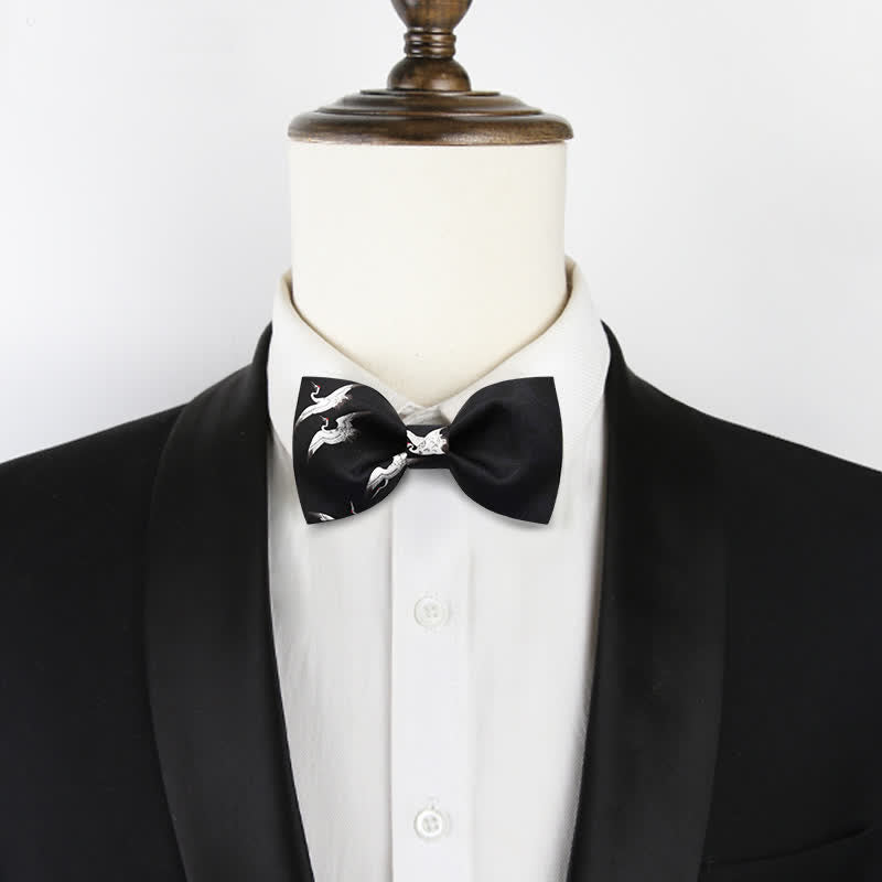 Men's Creative White Crane Print Bow Tie