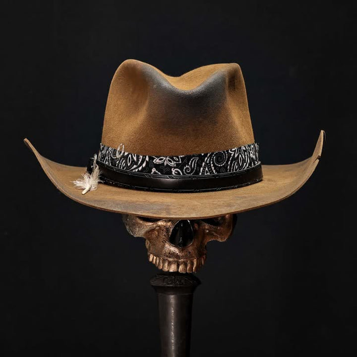 Paisley Leather Strap Feathers Wool Cowboy Hat