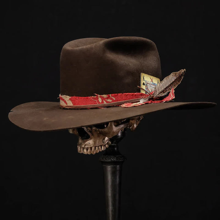 Dark Brown King Card Wool Red Fabric Cowboy Hat