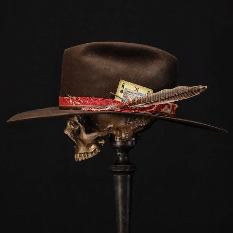 Dark Brown King Card Wool Red Fabric Cowboy Hat