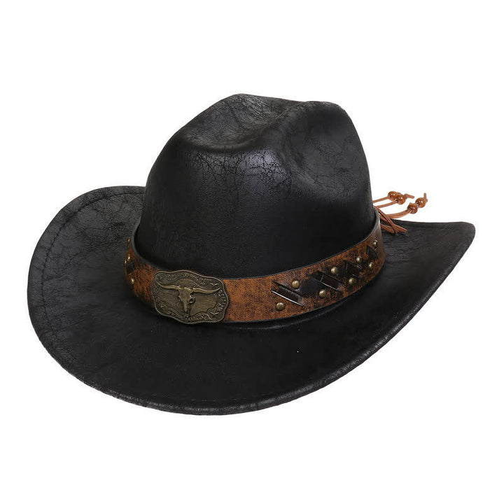 Longhorn Bull Vintage Imitation Leather Crack Cowboy Hat - Black - Style #2 - M (22"-22 7/8") - image 15