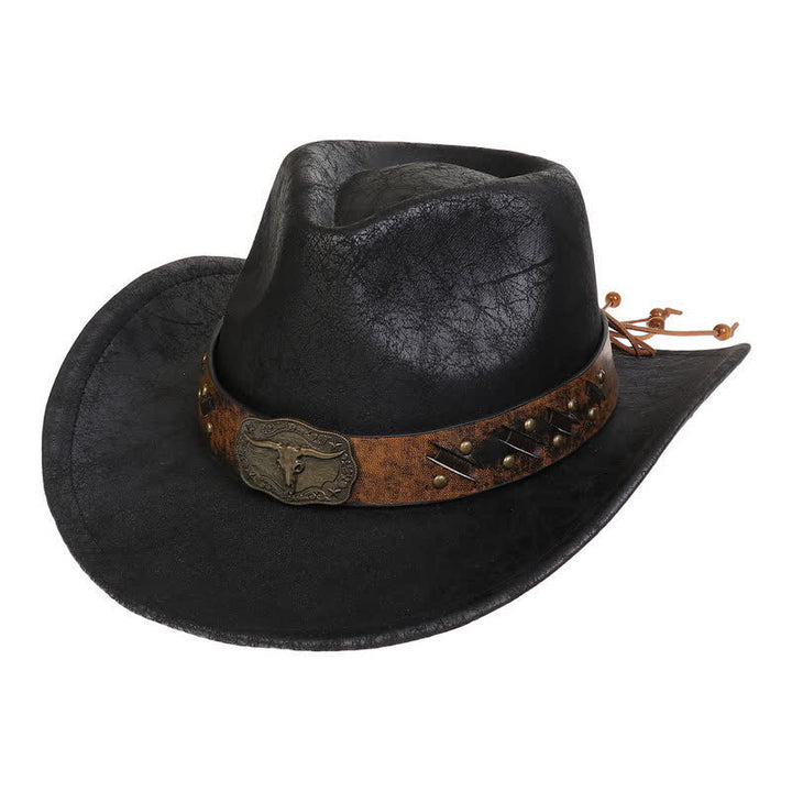 Longhorn Bull Vintage Imitation Leather Crack Cowboy Hat - Black - Style #1 - M (22"-22 7/8") - image 6