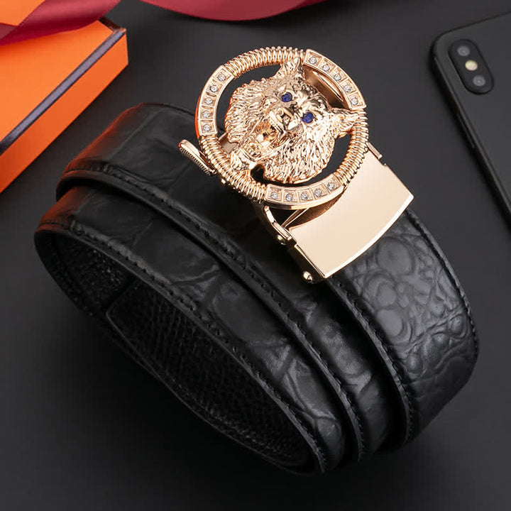 Men's Round Wolf Rhinestone Automatic Buckle Leather Belt