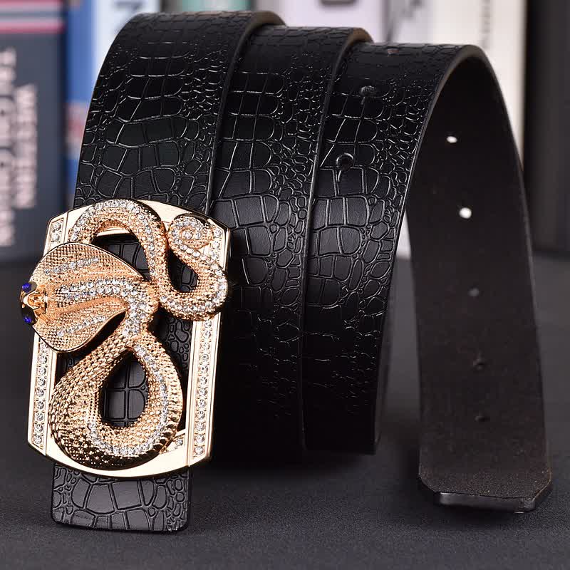 Men's Snake Rhinestone Crocodile Print Buckle Leather Belt