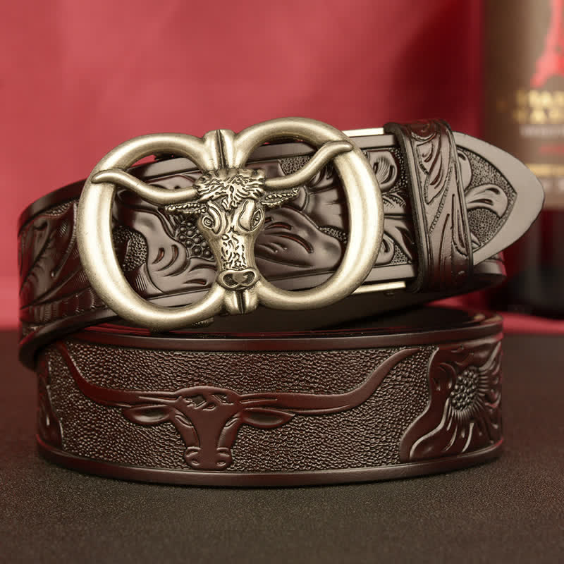 Men's Double Ring Bull Automatic Buckle Leather Belt