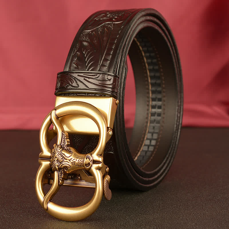 Men's Double Ring Bull Automatic Buckle Leather Belt